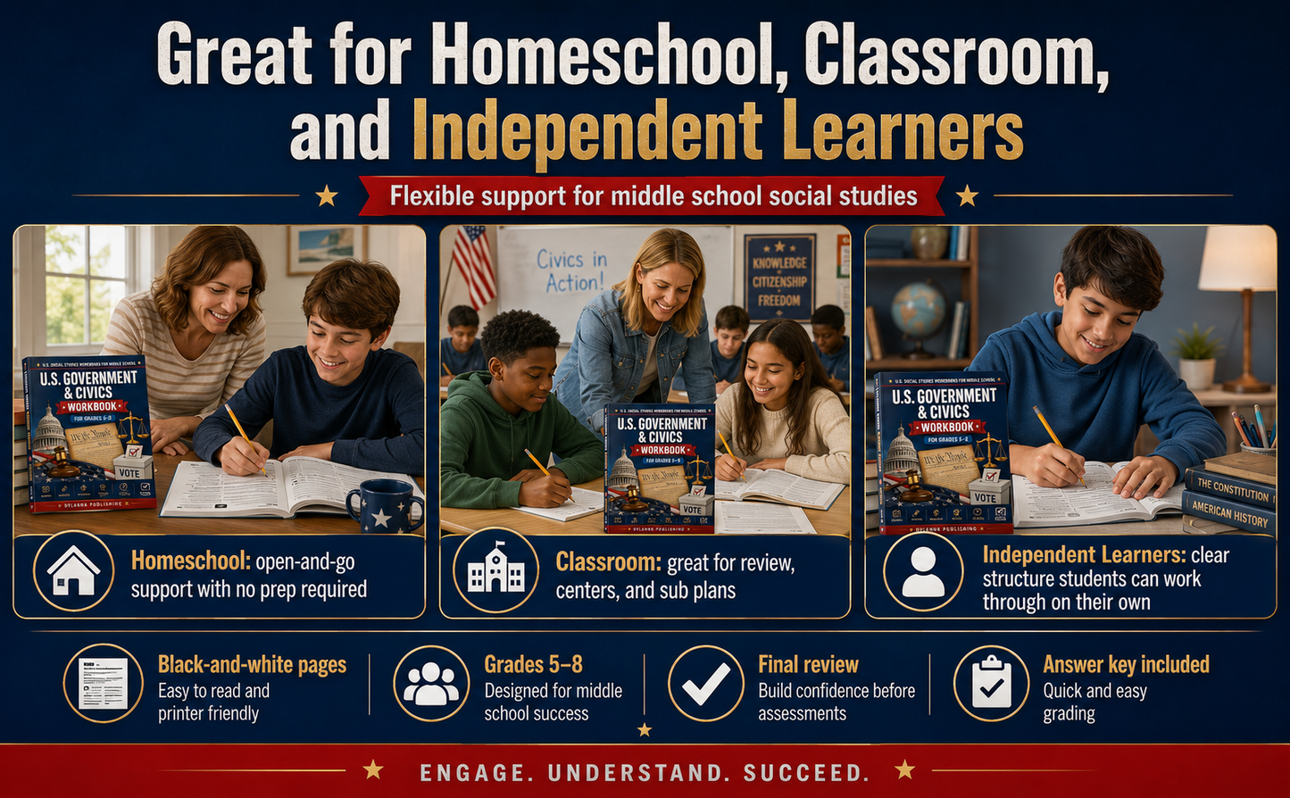 U.S. Government & Civics Workbook for Grades 5-8: Readings, Activities, Vocabulary, Review Questions, and Answer Key