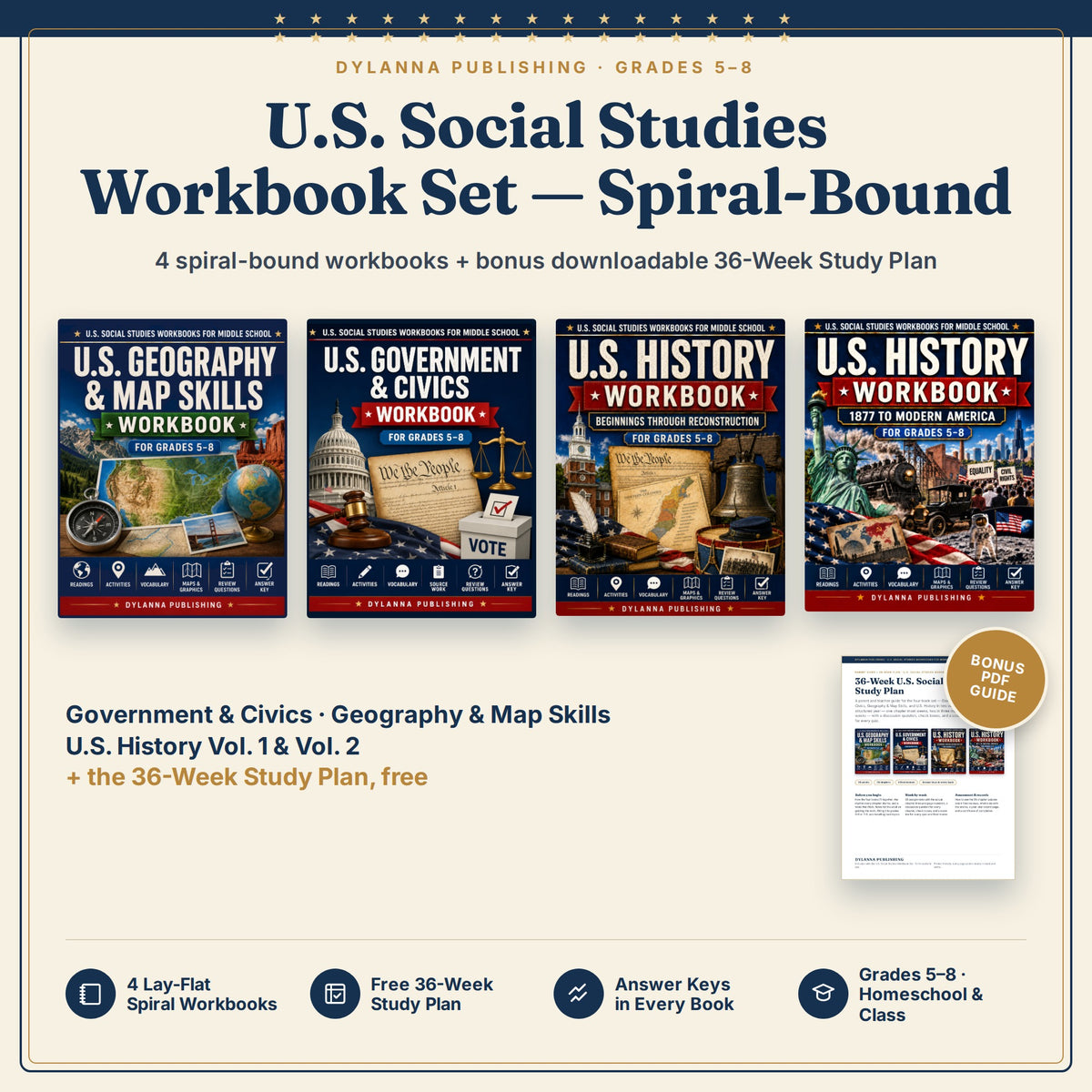 U.S. Social Studies Workbook Set for Grades 5-8 — Spiral-Bound Set