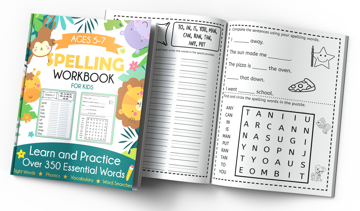 Spelling Workbook for Kids Ages 5-7: Learn and Practice Over 350 Essential Words Including Sight Words and Phonics Activities