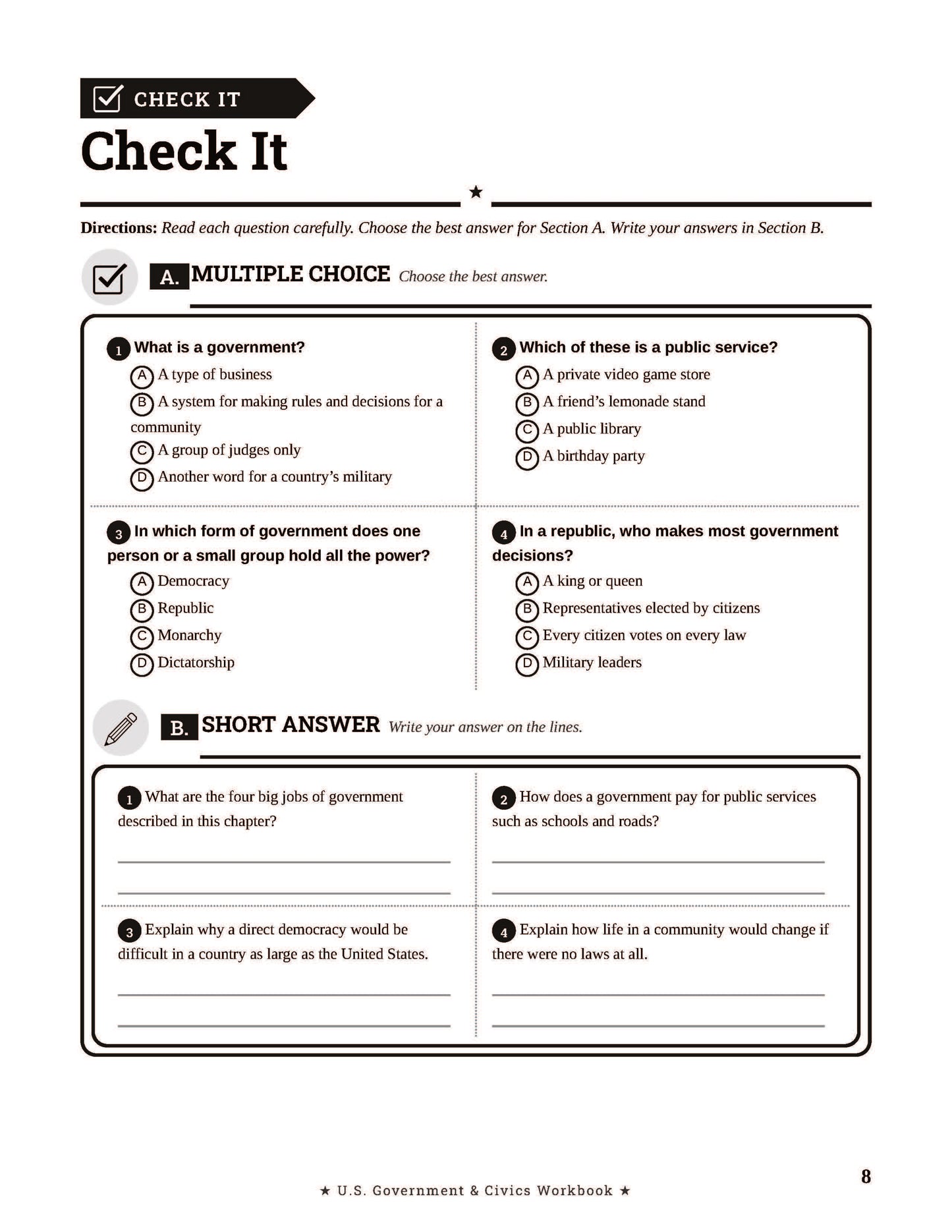U.S. Government & Civics Workbook for Grades 5-8: Readings, Activities, Vocabulary, Review Questions, and Answer Key