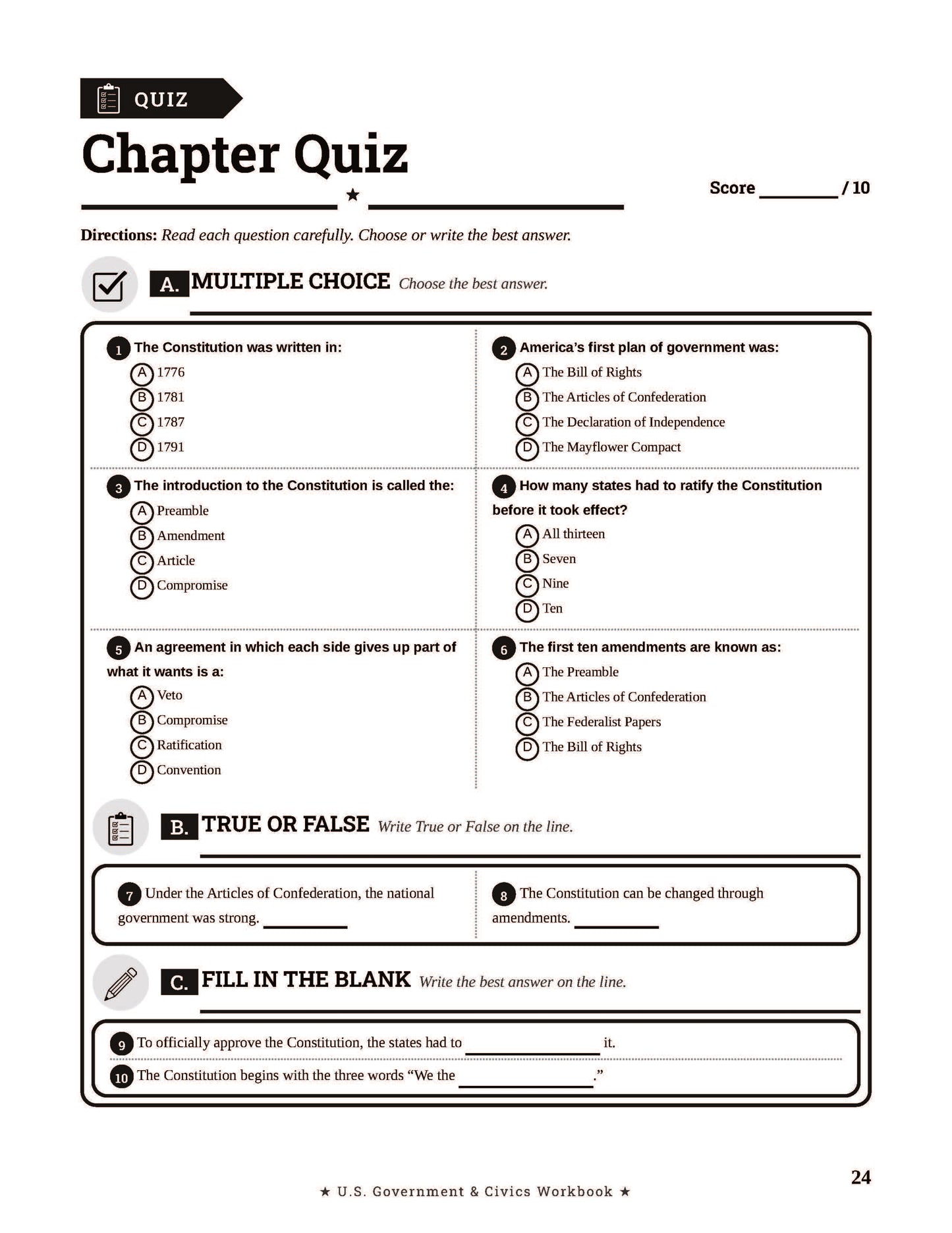 U.S. Government & Civics Workbook for Grades 5-8: Readings, Activities, Vocabulary, Review Questions, and Answer Key