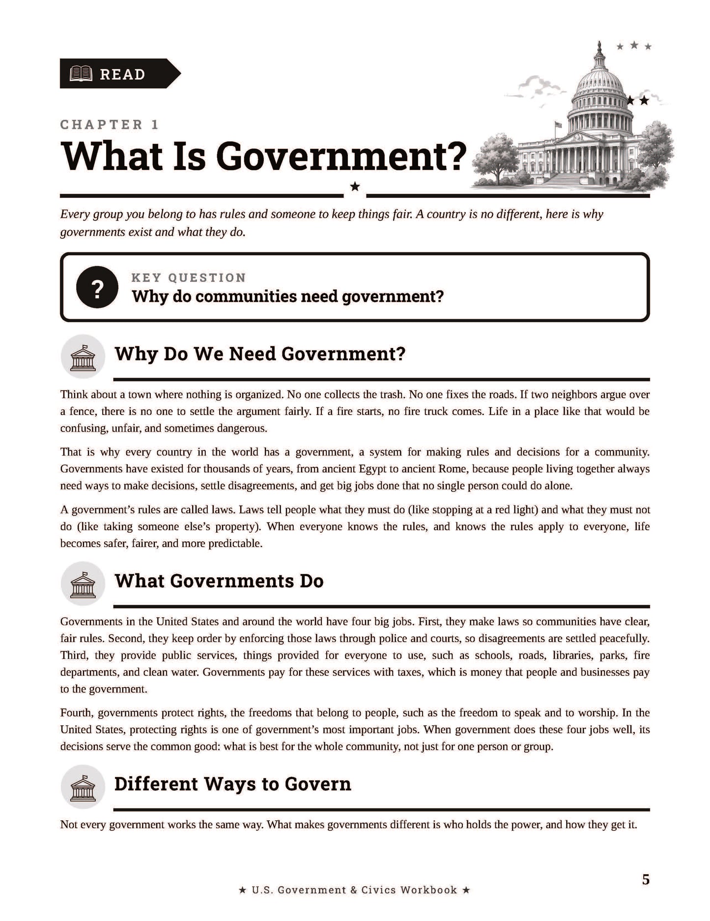 U.S. Government & Civics Workbook for Grades 5-8: Readings, Activities, Vocabulary, Review Questions, and Answer Key