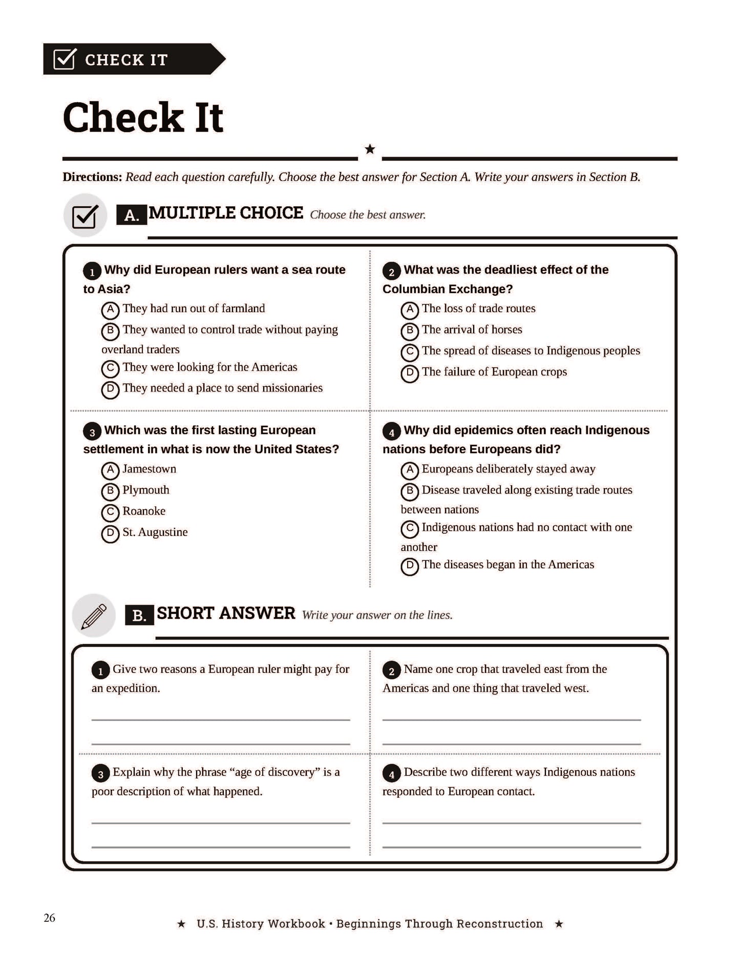 U.S. History Workbook for Grades 5-8: Beginnings through Reconstruction