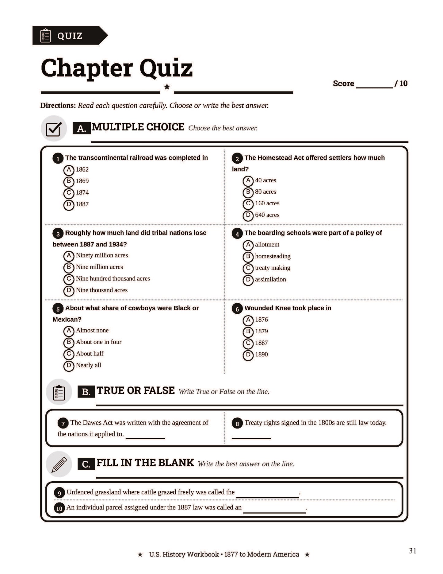 U.S. History Workbook for Grades 5-8: 1877 Through Modern America