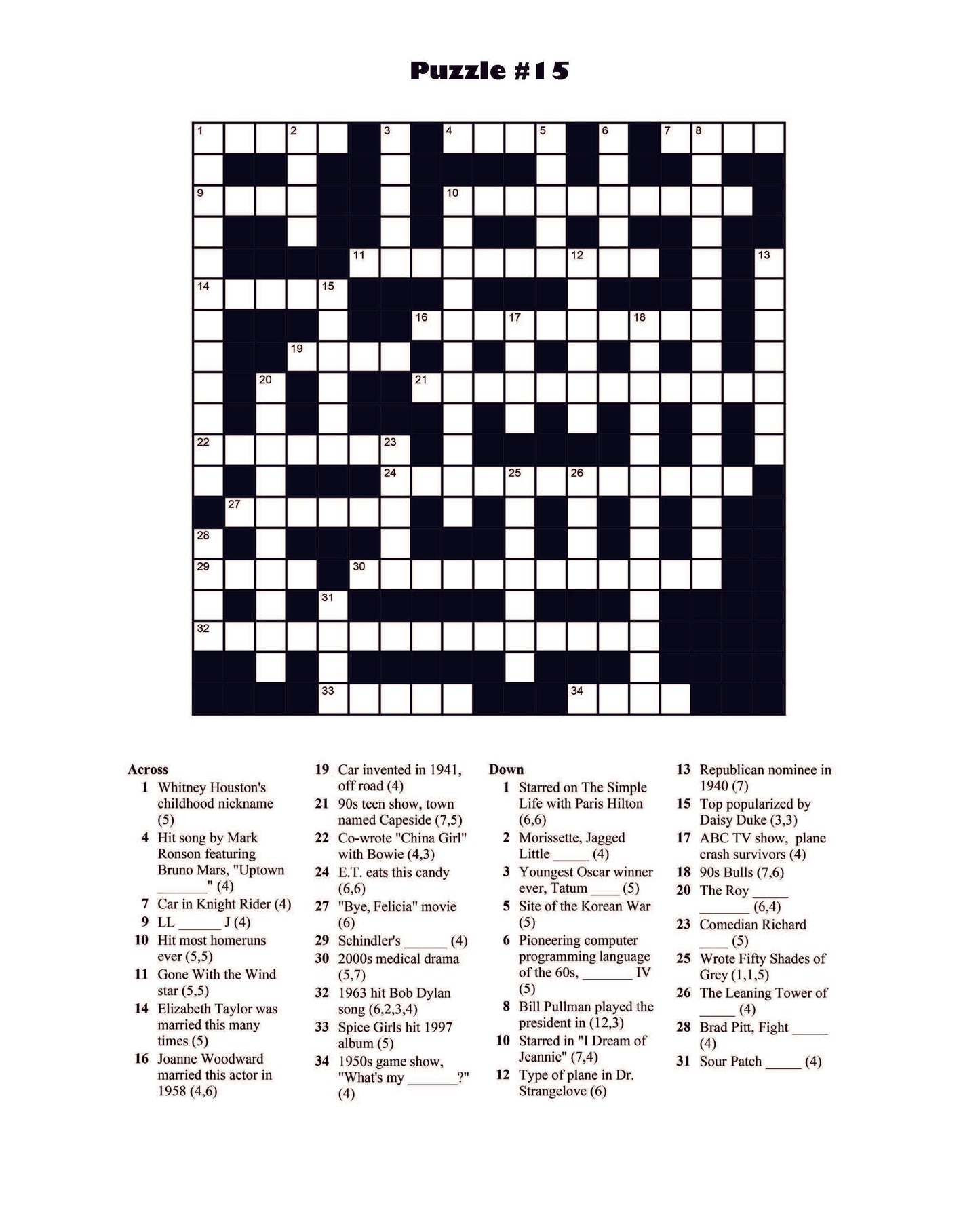 Pop Culture Crossword Puzzles