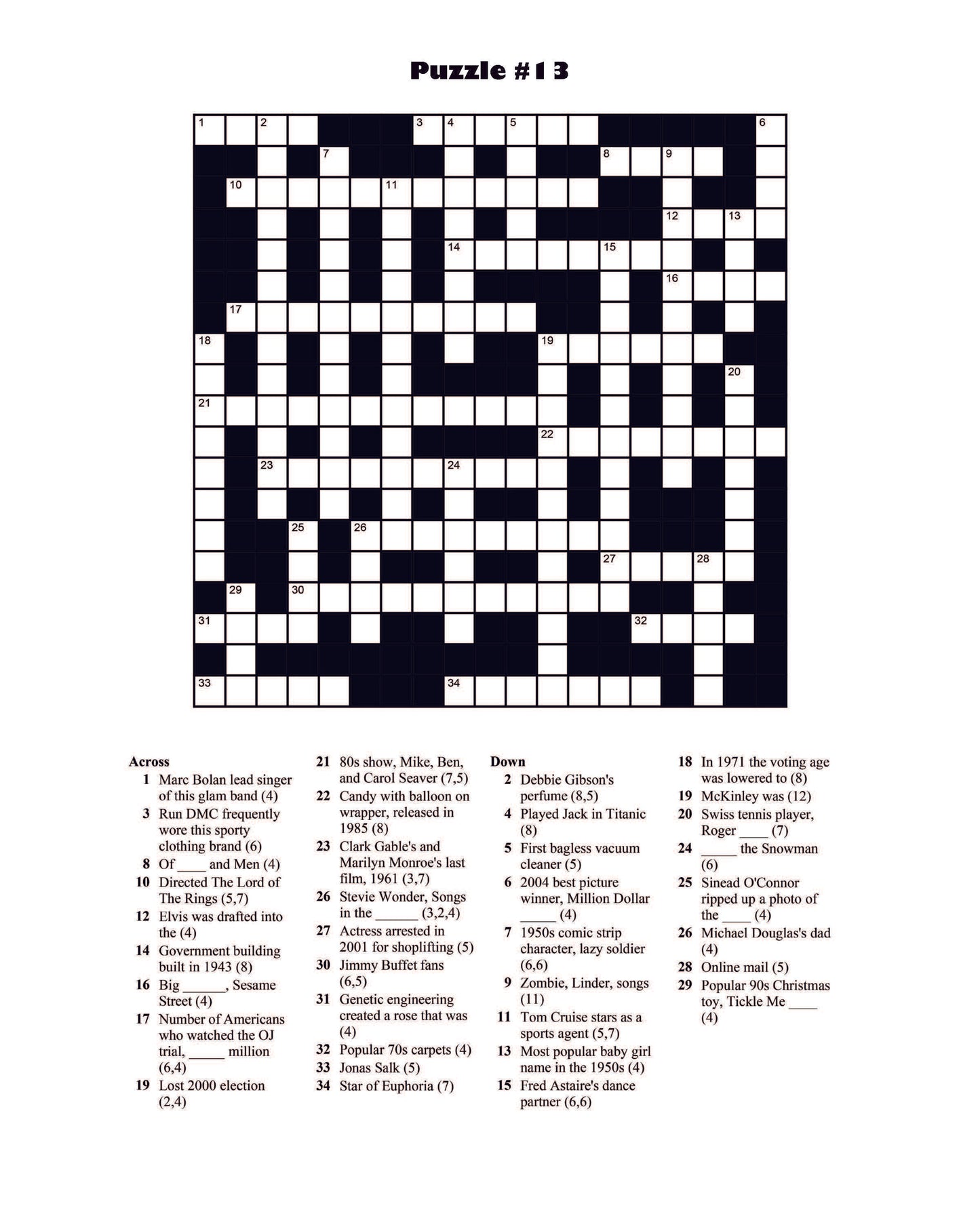 Pop Culture Crossword Puzzles