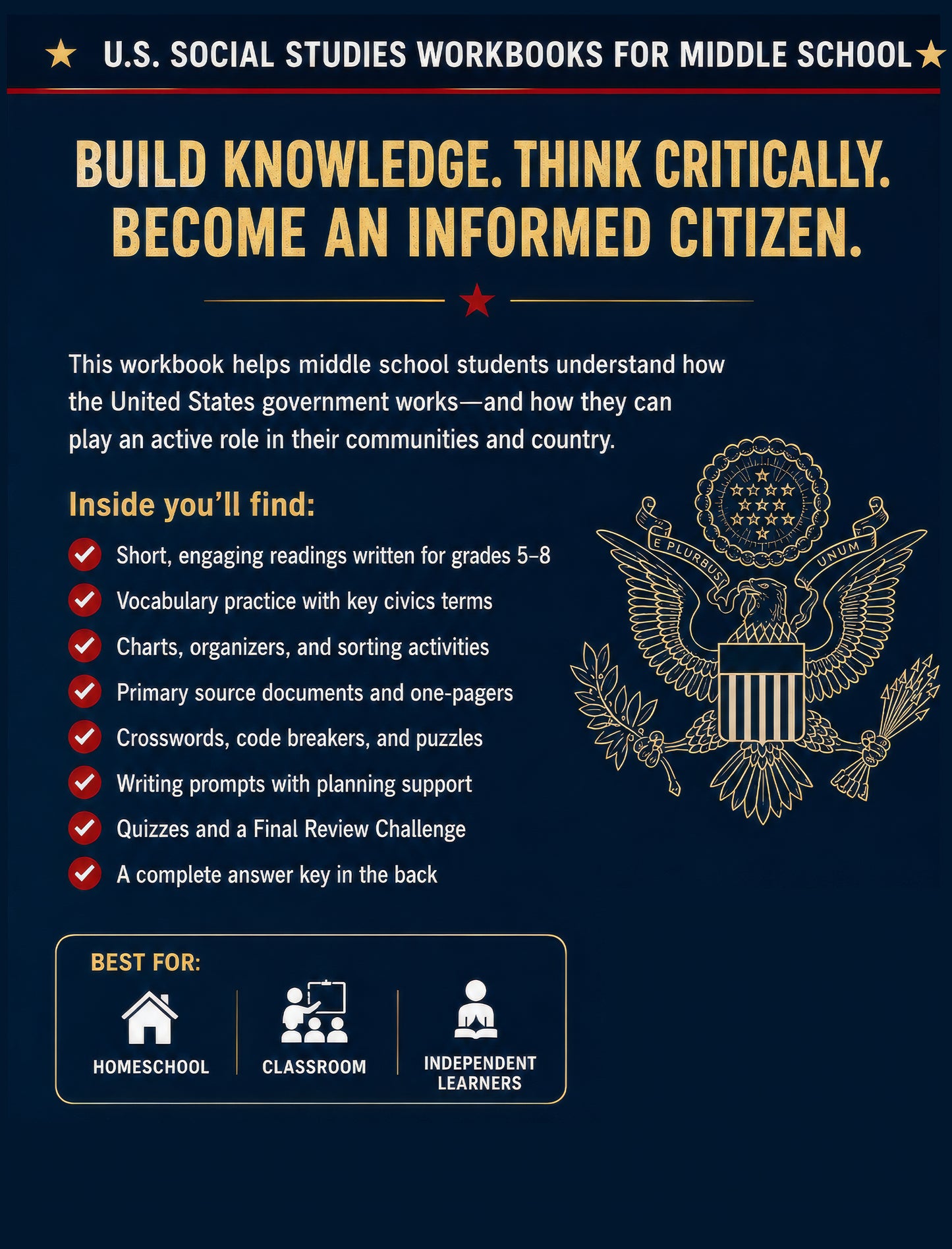 U.S. Government & Civics Workbook for Grades 5-8: Readings, Activities, Vocabulary, Review Questions, and Answer Key