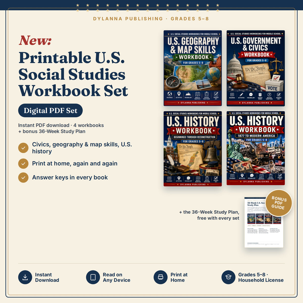 U.S. Social Studies Workbook Set for Grades 5-8 — Digital PDF Set